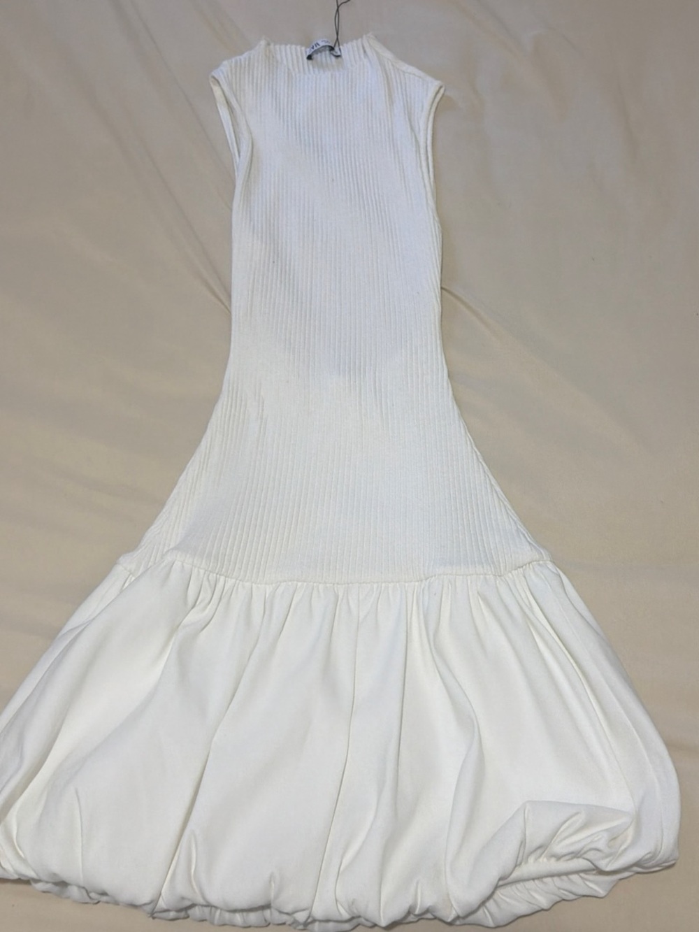 White Ribbed Sleeveless Bubble Hem Dress
